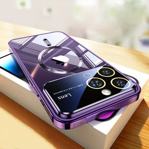 Luxury Magnetic Wireless Charging Transparent Phone Case For IPhone 14 13 12 11 Pro Max 14Plus Plating Silicone Large Window Glass Lens Prot