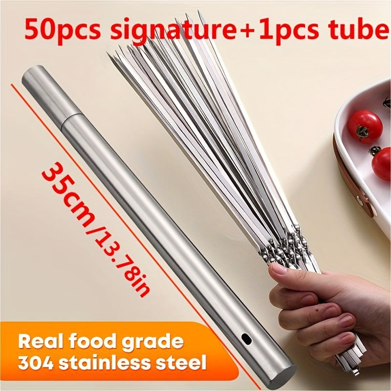 30/50pcs Reusable Barbecue Meat Skewers & 1 Tube Storage For Barbecue, Perfect For Outdoor CampingPicnic BBQ, Stickers For Halloween Christm