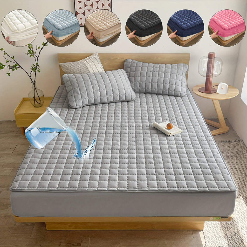 1pc Quilted Waterproof Mattress Protector (Without Pillow And Core), Soft Comfortable Solid Color Bedding Mattress Cover, For Bedroom, Guest