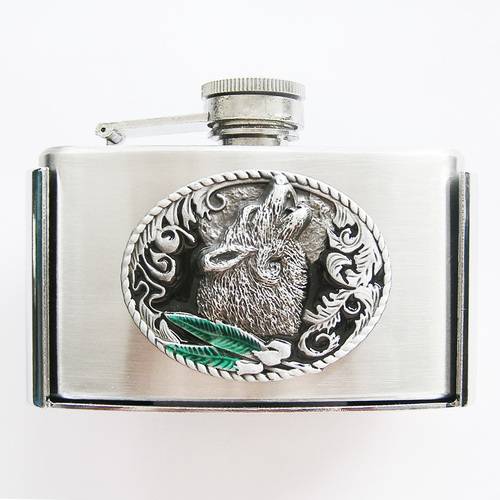 Western Wolf 3oz Stainless Steel Flask Belt Buckle US Local Shipping