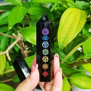 Black Obsidian Seven Main Chakras Symbolic Crystal Tower Healing Crystal The Seven Chakras Wand For Spiritual Use Hexagonal Point Reiki Chakra Gemsone Home Office Decoration