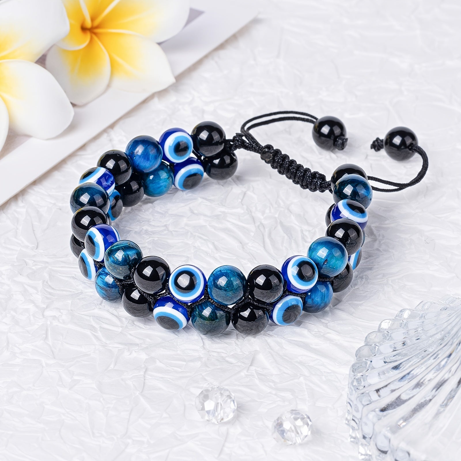 Triple Protection Bracelet 8MM Blue Tiger Eye Evil Eye Black Onyx Stone Bracelet Healing Crystal Natural Stone Beads Bracelet For Men Bring