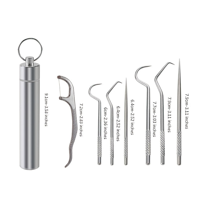 7-Piece Professional Dental Cleaning Kit: Reusable Stainless Steel Toothpicks & Portable Floss For Optimal Teeth Cleaning