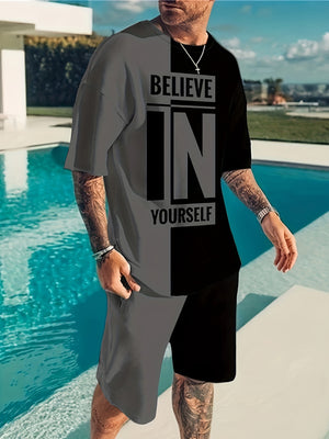 "Men's Summer 2Pcs Casual Outfit ""Believe In Yourself"" Motivational Tee and Adjustable Drawstring Shorts - Breathable, Stylish & Versatile