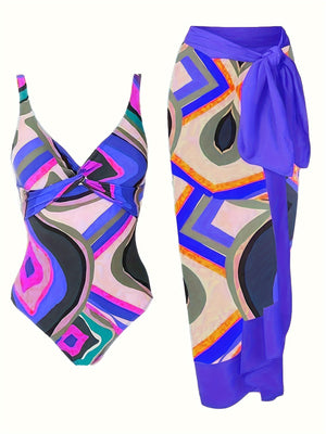 Plus Size Elegant Tankini Set, Women's Plus Geo Print Twist Front One Piece Swimsuit & Knot Side Cover Up Skirt Bathing Suit 2 Piece Set