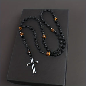 1pc Bright Black Natural Stone Yellow Tiger Eye Round Bead Black Gallstone Cross Rosary Necklace, Rough Stone Gift Necklace For Men, Daily C