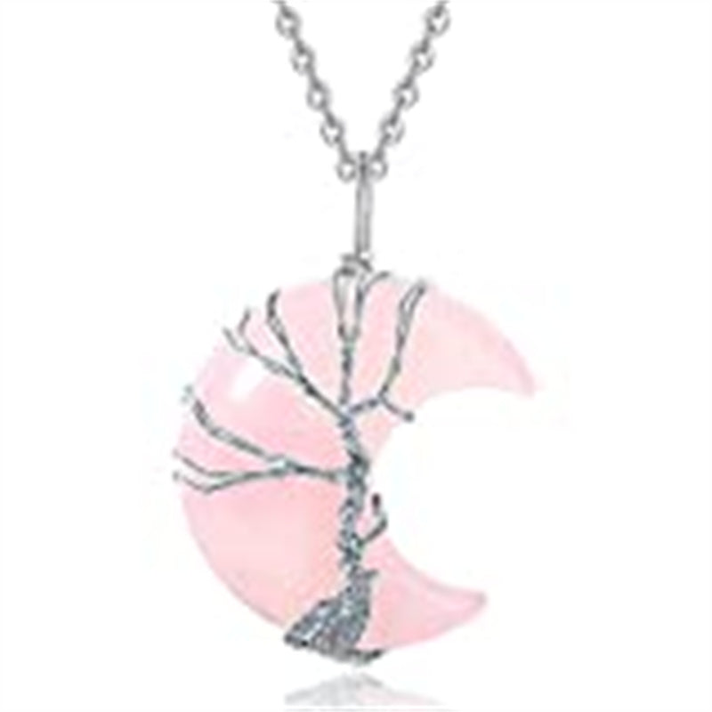 Healing Crystal Necklaces for Women Crescent Moon Quartz Pendant Necklace Crystal Natural Gemstone Tree of Life Full Wire Wrap