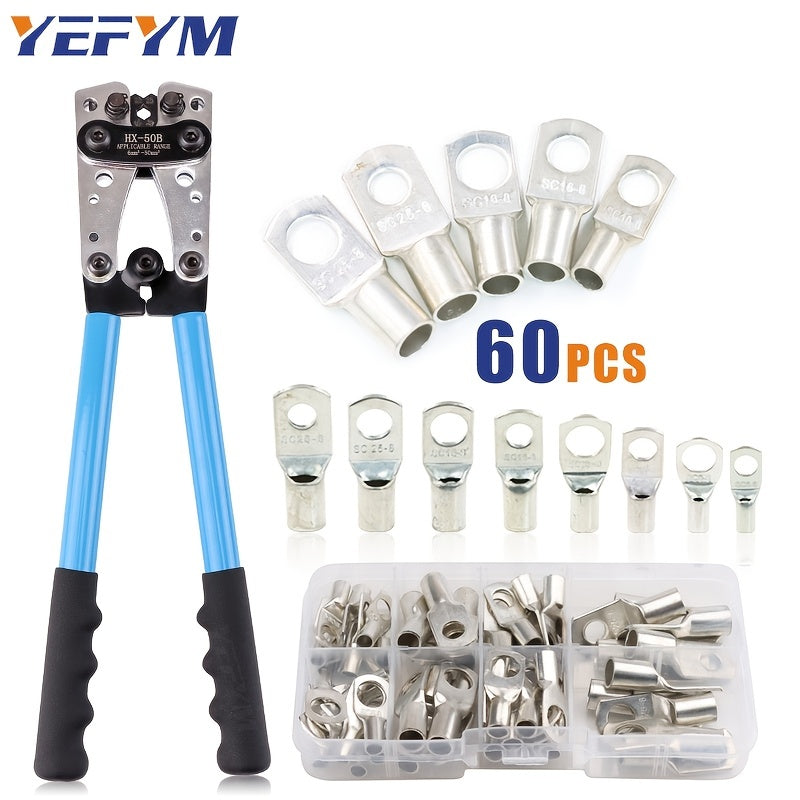 1 Set Battery Cable Copper Lug Crimping Tool, HX-50B 10-1 AWG With 60Pcs Copper Ring Terminals, 8 Sizes Cable Lugs Set