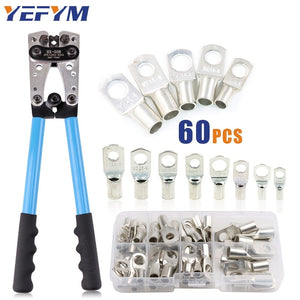 1 Set Battery Cable Copper Lug Crimping Tool, HX-50B 10-1 AWG With 60Pcs Copper Ring Terminals, 8 Sizes Cable Lugs Set