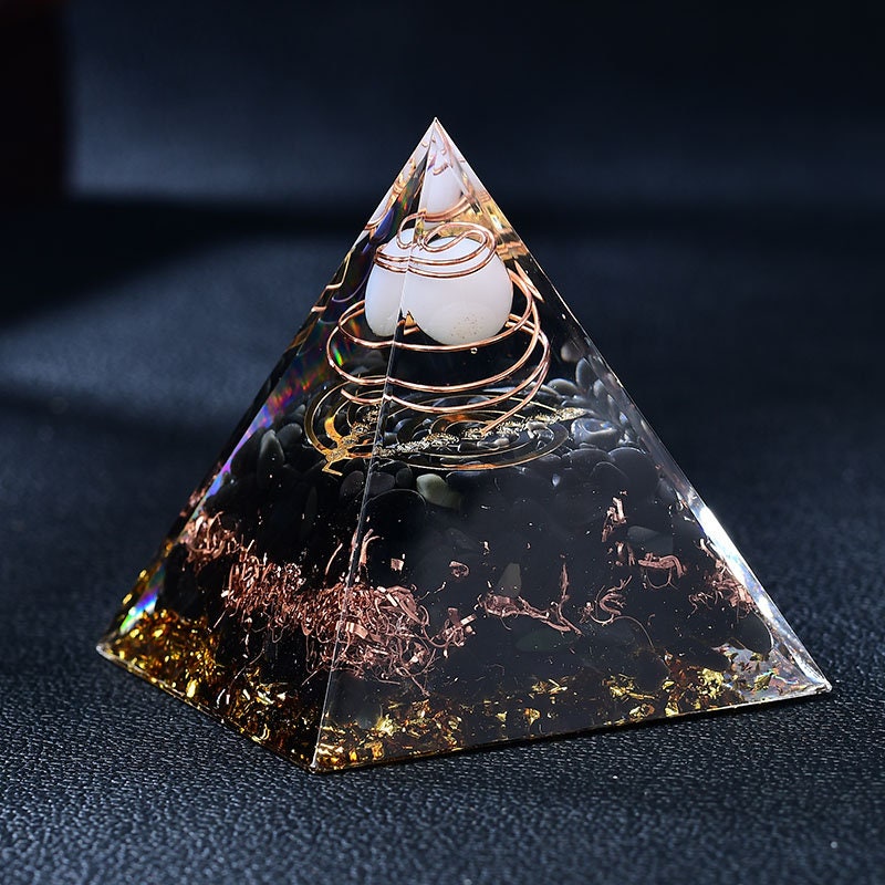 2.36‘’ Orgone Pyramid Chakra Healing EMF Protection Opal Sphere Orgonite Healing Meditation Hand Made DIY Gift Obsidian Base