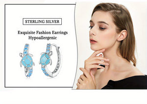 Sterling 925 Silver Jewelry Cute Turtle Design Blue Hoop Earrings With Shiny Zircon Decor Creative Female Gift