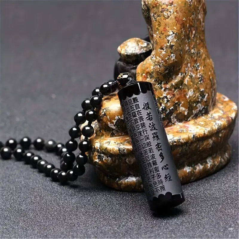 1pc Heart Sutra Round Bead Pendant With Natural Obsidian And Bead Chain, Spiritual Enlightenment Jewelry For Men Women