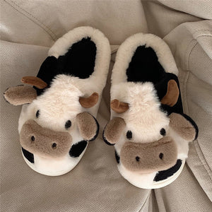 Women's Cartoon Cute Cow House Slippers, Warm Plush Lined Home Slippers, Women's Cozy Indoor Shoes