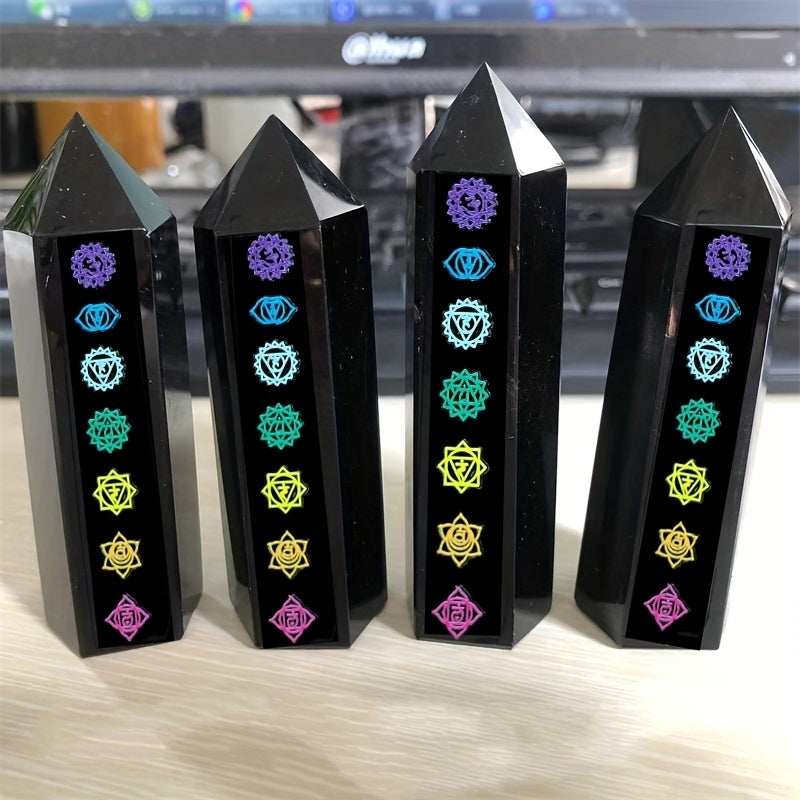 Black Obsidian Seven Main Chakras Symbolic Crystal Tower Healing Crystal The Seven Chakras Wand For Spiritual Use Hexagonal Point Reiki Chakra Gemsone Home Office Decoration