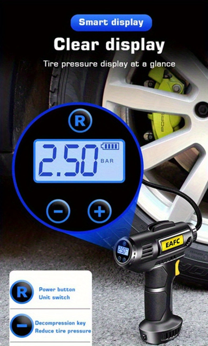 Portable Air Compressor: 150PSI Cordless Car Tire Inflator Pump With Pressure Gauge & Light - Perfect For Cars, Motorcycles & Bicycles!