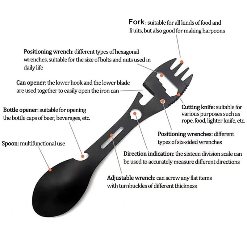 10-in-1 Multi-Functional Spork: Stainless Steel Portable Utensil Spoon, Can Opener, Serrated Knife, Wrench, Direction Indicator, Harpoon - P