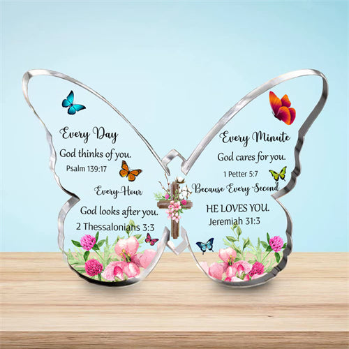 1pc, Acrylic Christian Gifts Bible Verses Religious Gifts For Women Men Inspirational Scripture Gifts Butterfly Prayer Room Decor Faith Keepsake Paperweights For Christmas Aesthetic Decor, Desk Ornament (God Thinks Of You)