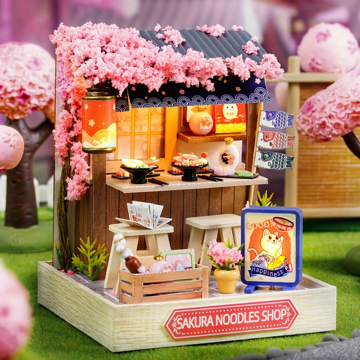 Handmade DIY Cherry Blossom Noodle House Model Building Kit - Perfect Birthday Gift for Girls - Room Decorations & Furniture Included!