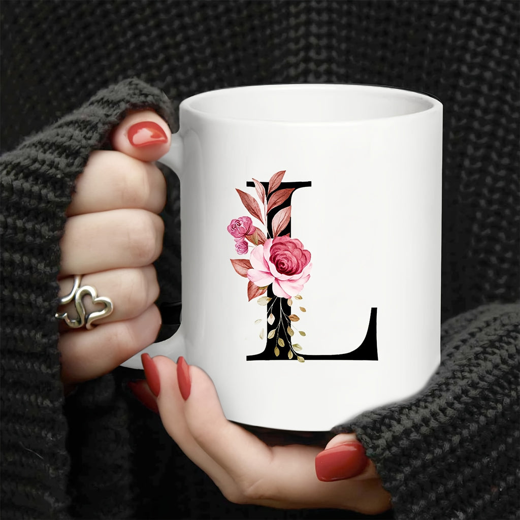 1pc, Letter Flower A-Z Coffee Mug For Office And Home, Alphabet Ceramic Coffee Mug, Birthday Gifts For Women, Mom, Best Friend, Bride, Bride