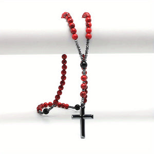 Cross-border Export Natural Stone 8mm Red Pine Stone Black Agate Black Gallstone Cross Rosary Necklace For Men Long Chain