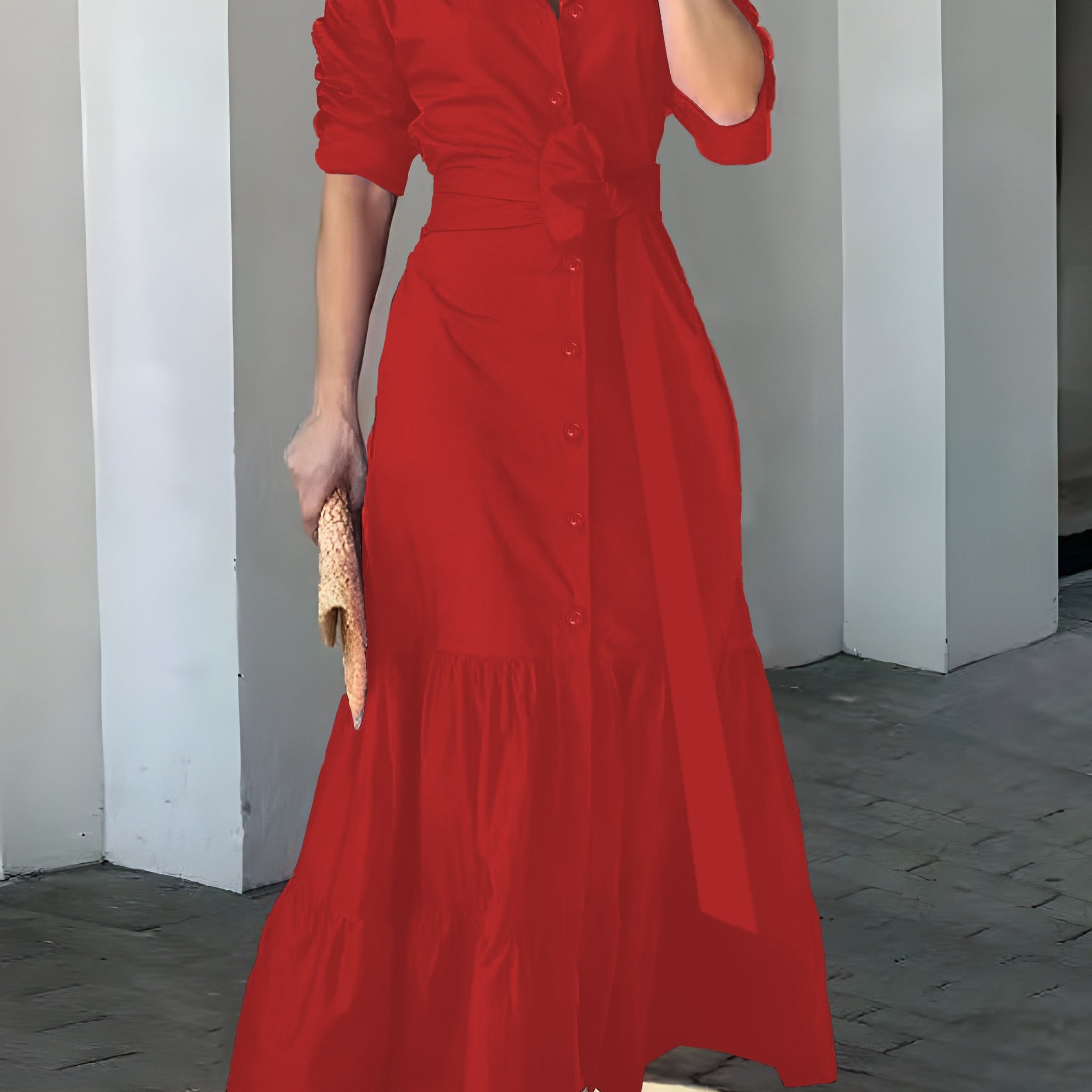 Elegant Maxi Dress with Belt and Ruched Sleeves for Women - Chic Ruffle Trim, Woven Polyester, Ideal for Spring/Fall