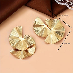 Golden Fan-shaped Laser Pattern Sexy Elegant Stud Earrings 18K Gold Plated Jewelry Trendy Creative Female Gift