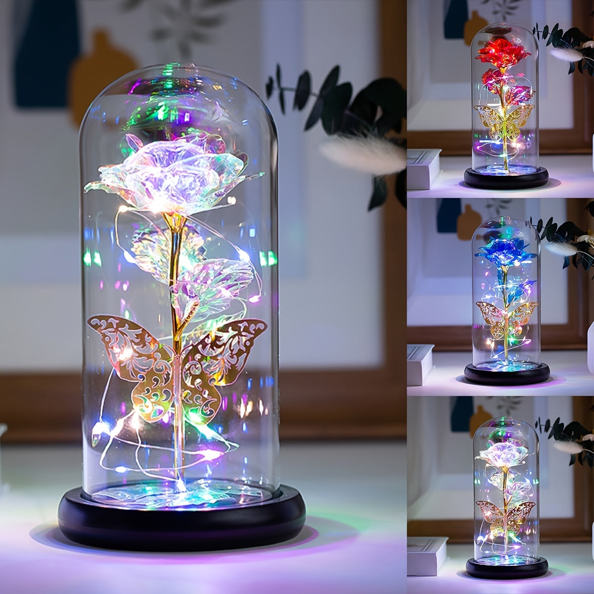 Romantic LED Rose Butterfly Lamp in Glass Dome - Perfect Home Decor and Gift for Weddings, Birthdays, Valentine's Day, and Mother's Day (Bat