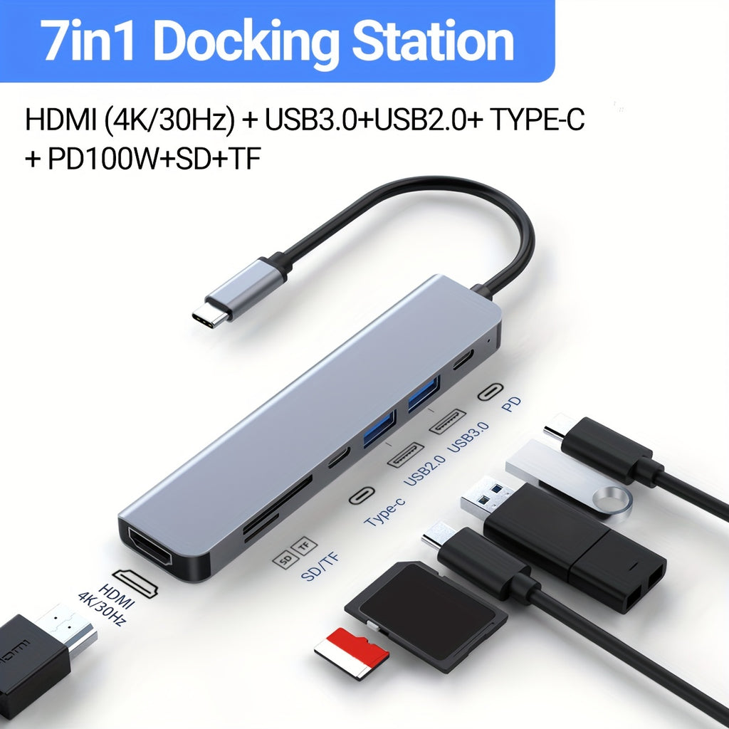 USB C Hub, 7-in-1 USB C Adapter With 4K HDTV Output, USB2.0 USB 3.0, USB-C 2.0, SD/TF Card Reader, 100W PD USB C Dongle For MacBook Pro/Air,