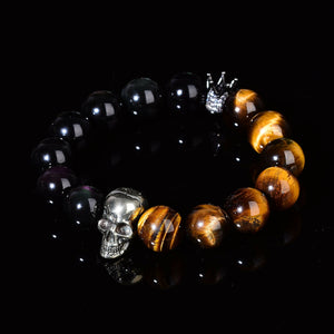 Tigers Eye and Obsidian Mixed Bracelet Reiki Skull Fashion Chakra Crystal Beads