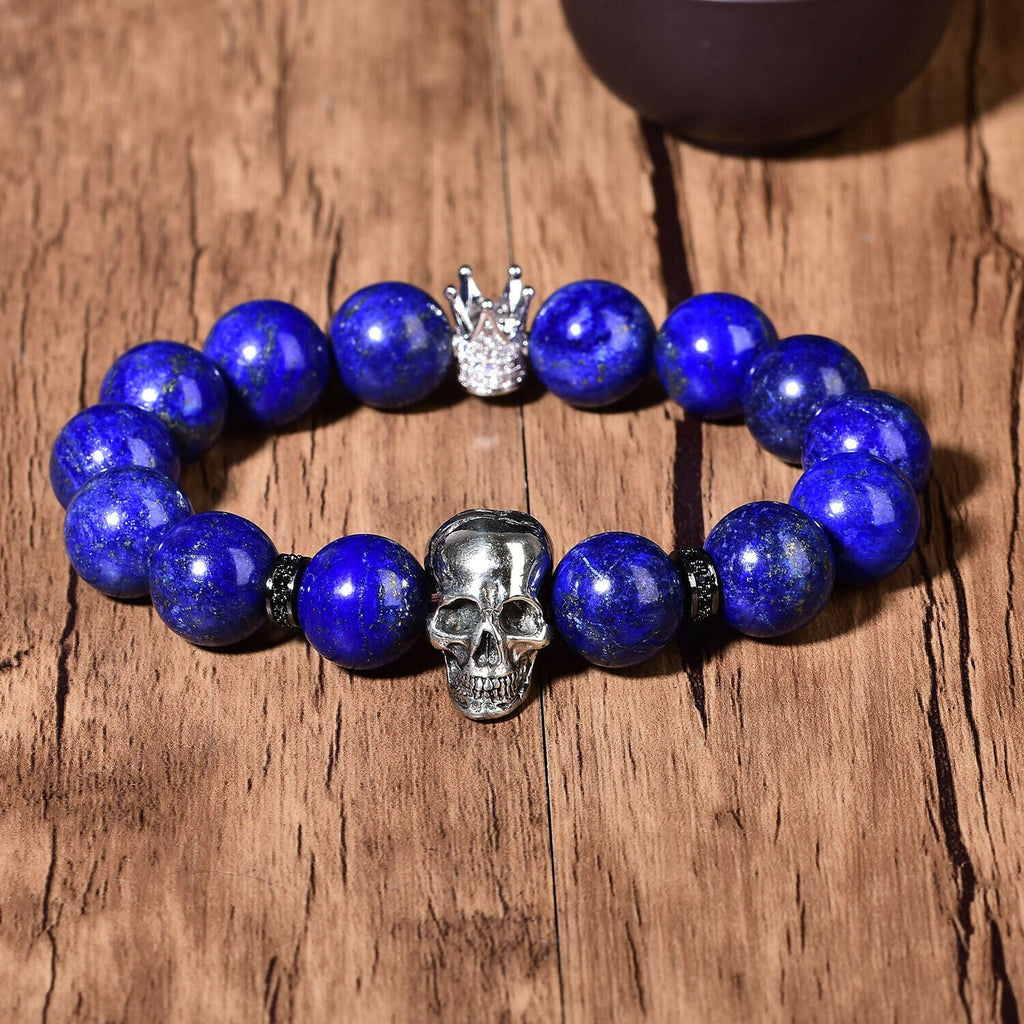 Blue Lazurite Quartz Bracelet Reiki Lapis Skull Healing Crystal Crown 14 Beads