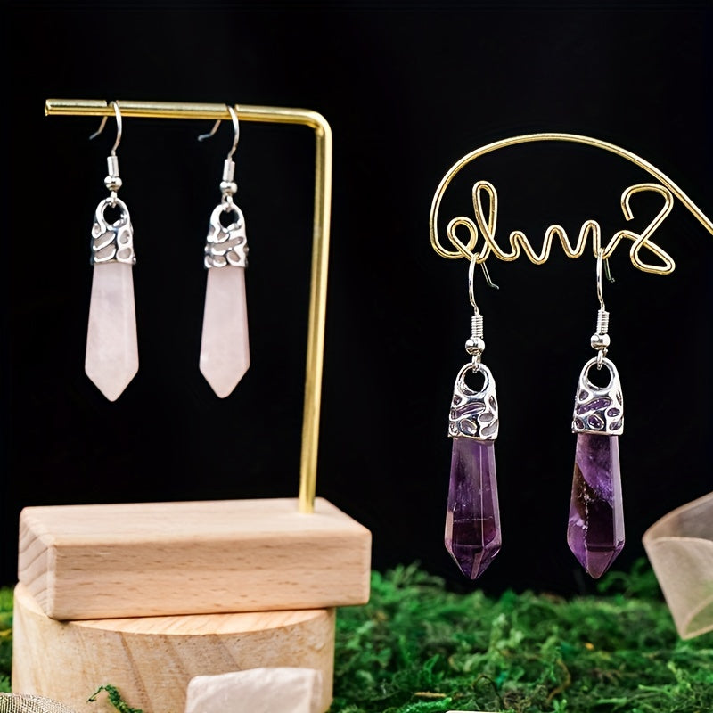 1pair Natural Stone Rose Quartz Amethyst Crystal Stainless Steel Hook Earrings For Gift Ornament Accessory Decor Fashion Jewelry For Men Wom