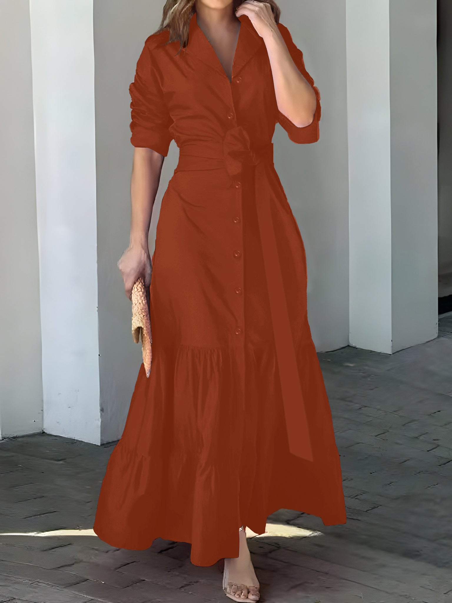 Elegant Maxi Dress with Belt and Ruched Sleeves for Women - Chic Ruffle Trim, Woven Polyester, Ideal for Spring/Fall