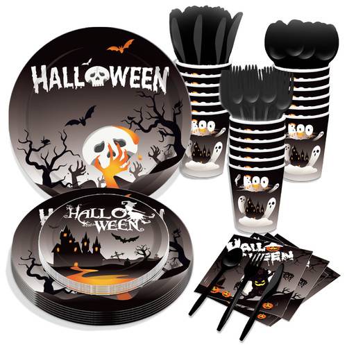 Halloween Black Paper Plates Party Supplies Disposable Tableware 68PCS Set US Local Shipping