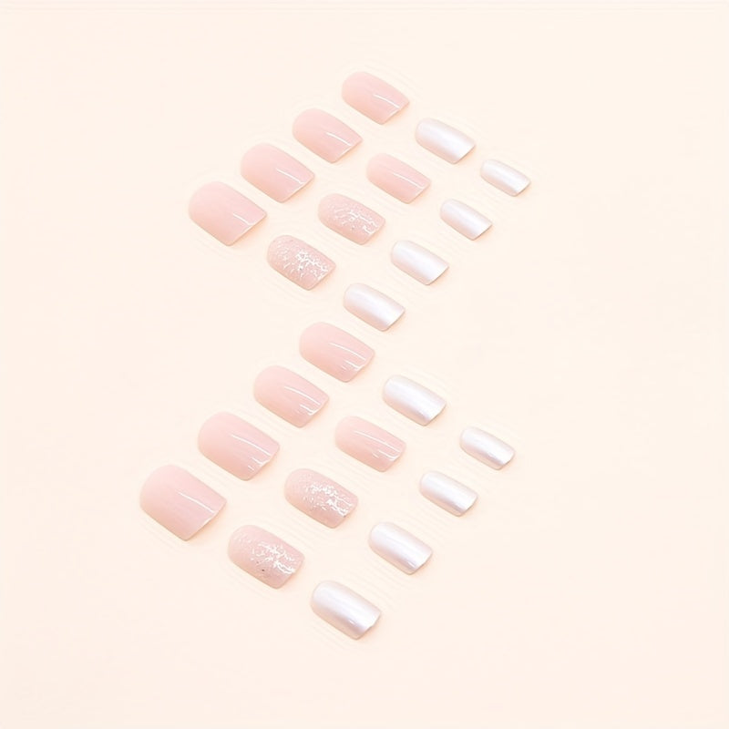 24pcs Sweet Fake Nails, Tender Pink Press On Nails With Snowflake Sequin Glue On Nails, Full Cover Short Square False Nails For Women Girls