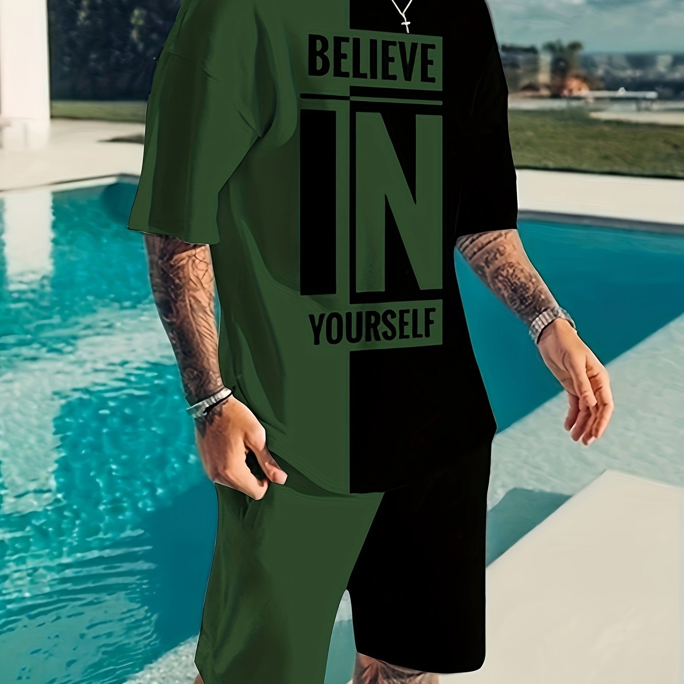 "Men's Summer 2Pcs Casual Outfit ""Believe In Yourself"" Motivational Tee and Adjustable Drawstring Shorts - Breathable, Stylish & Versatile