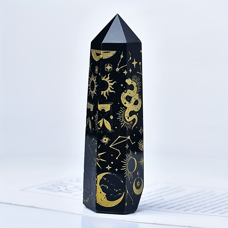 Black Obsidian Seven Main Chakras Symbolic Crystal Tower Healing Crystal The Seven Chakras Wand For Spiritual Use Hexagonal Point Reiki Chakra Gemsone Home Office Decoration