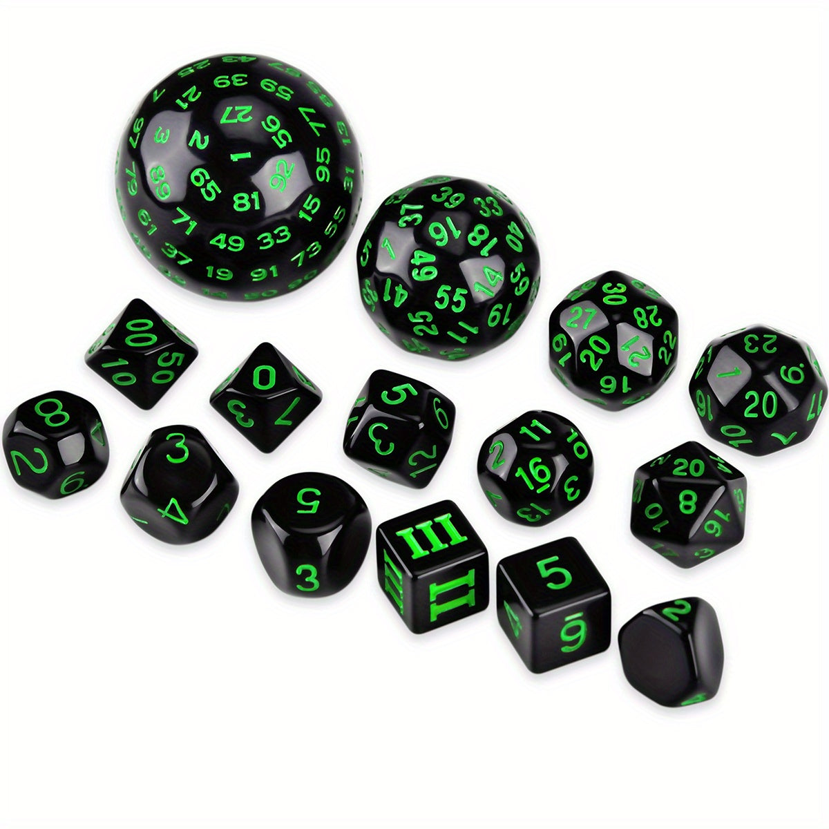 15 Pieces Complete Polyhedral D3-D100 Spherical RPG Dice Set In Opaque Black, 100 Sides For Role Playing Table Games Party Supplies