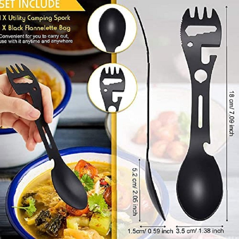 10-in-1 Multi-Functional Spork: Stainless Steel Portable Utensil Spoon, Can Opener, Serrated Knife, Wrench, Direction Indicator, Harpoon - P