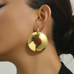 Big Round Ring Dangle Earrings Stylish Metal Feeling Glossy Alloy Jewelry Golden Hollow Out Earrings