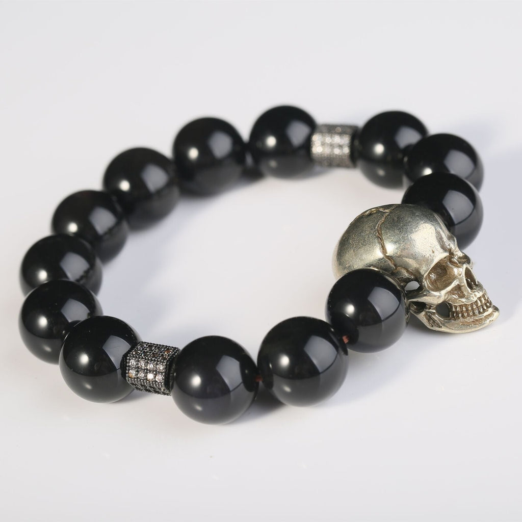 14.5mm Obsidian Gothic Skull Bracelets Men Fashion Crystal Beads Punk Jewelry