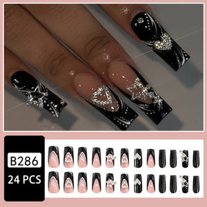 24pcs Long Square Fake Nails, Glossy Black French Tip Press On Nails With Heart Star Rhinestone Design, Sweet Cool Full Cover False Nails Fo