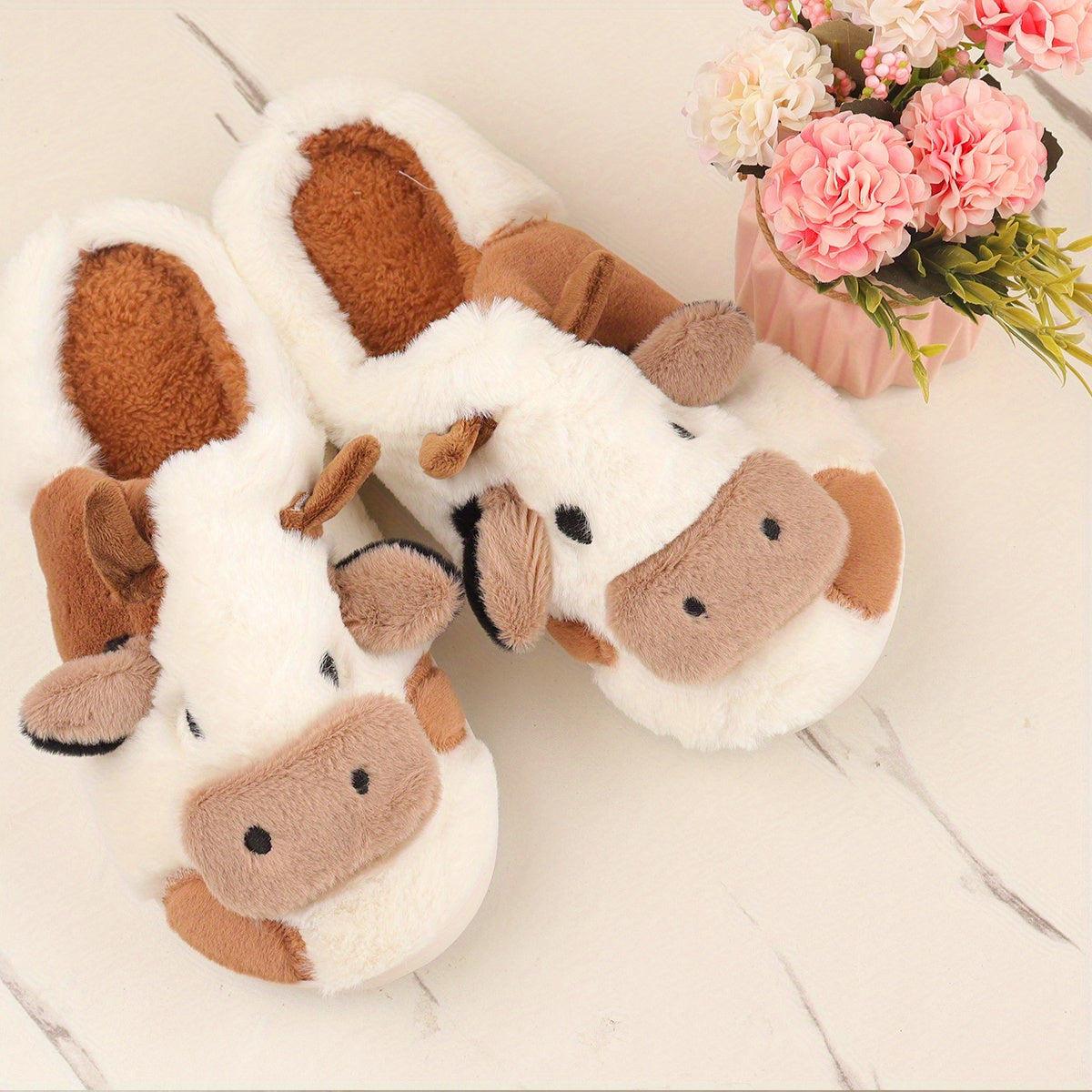 Women's Cartoon Cute Cow House Slippers, Warm Plush Lined Home Slippers, Women's Cozy Indoor Shoes