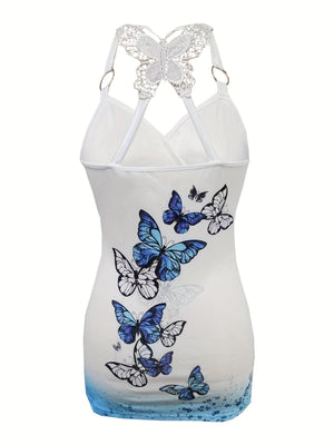 Butterfly Charm Casual Set - Women's Stretch Top with Cross Straps & Wide-Leg Pants, Spring-Summer Collection