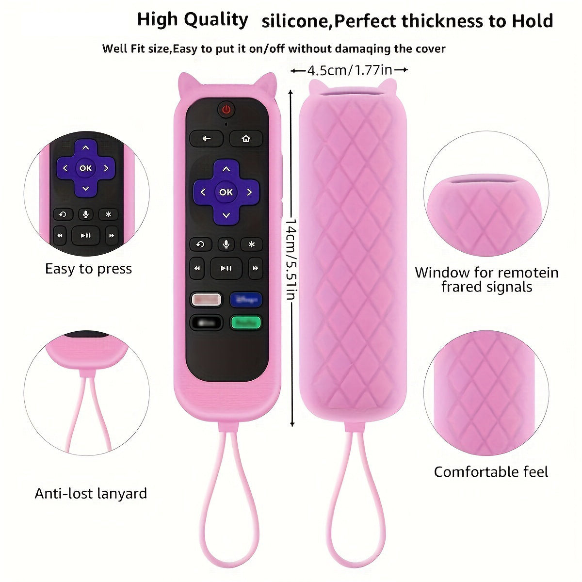 Glow In The Dark Cute Cat's Ears Shaped Silicone Universal Remote Control Cover With Lanyard Suitable For TCL For Hisense For Roku TV Remote