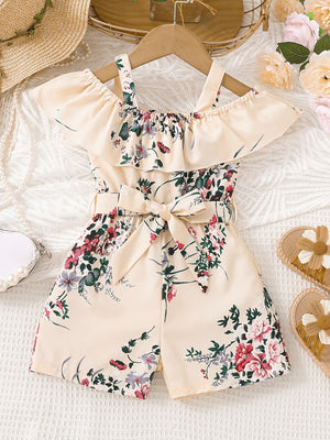 Girls Casual Ruffled Off-Shoulder Dress Flower Graphic Jumpsuit For Summer Girls Clothes