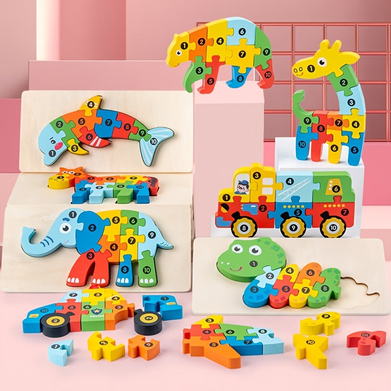 3D Children's Montessori Wooden Cartoon Animal Car Puzzle For Children's Dinosaur Education Puzzle 1 Piece - Perfect Gift For Boys And Girls