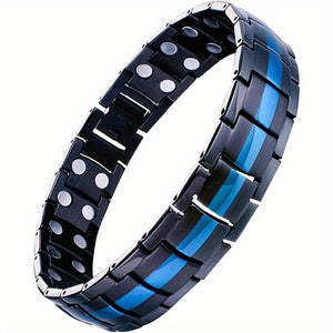 1pc Magnetic Bracelet For Men, Titanium Steel Magnetic Bracelet, For Men With Double Row Magnets, Adjustable Black & Blue Line Design, Yoga