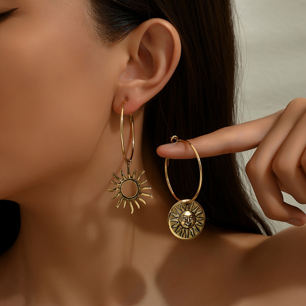 Creative Asymmetric Hoop Earrings With Sun Pendant Design Alloy Jewelry Vintage Punk Style Personality Ear Accessories