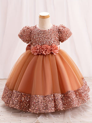 Sparkling Sequin Princess Tutu Dress for Girls - Midi, Belted, Puff-Sleeve with Comfort Viscose Lining, Perfect for Spring-to-Fall