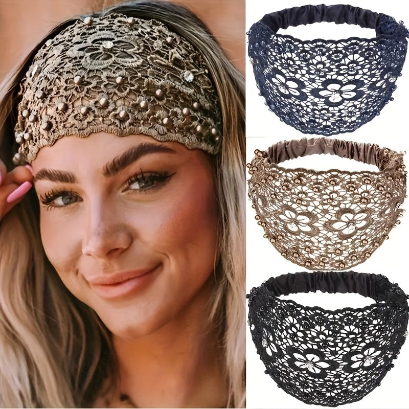 1pc, 4 Styles, Elegant Hollow Lace Flower Pattern Headband, With Faux Pearl Charms Stretch Headband, Wide Brim Rhinestone Hair Accessories,